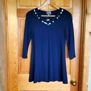 Lynn‎ Ritchie Silver Embellished Sz. S Blue Scalloped Neckline 3/4 Sleeve Dress
